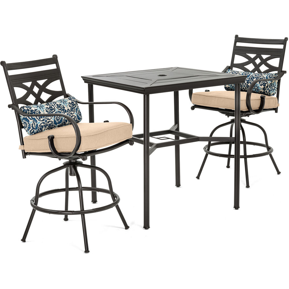 Hanover MCLRDN3PCBRSW2-TAN Montclair 3pc High Dining: 2 Swivel Chairs, 33" Sq High Dining Table