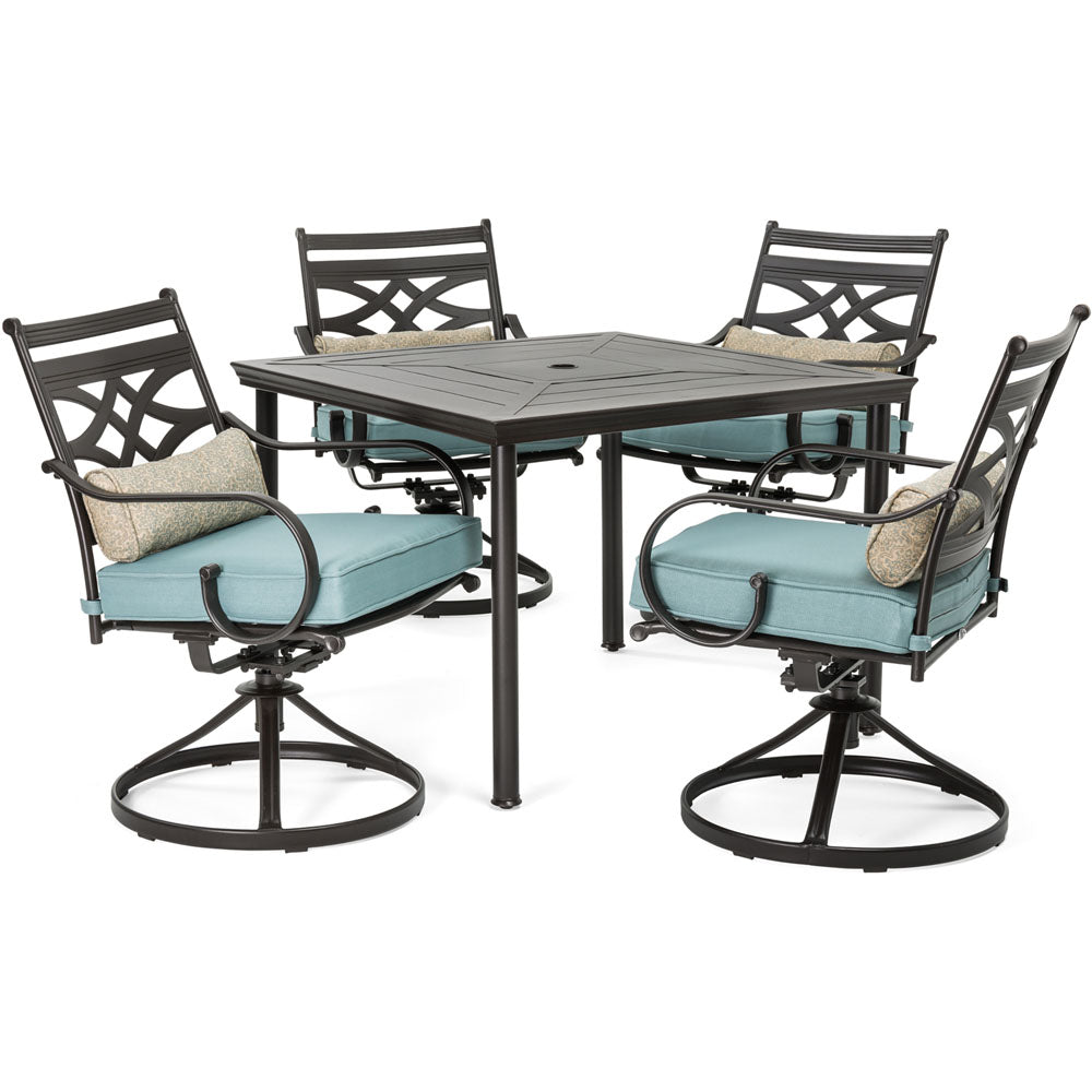 Hanover MCLRDN5PCSQSW4-BLU Montclair 5pc: 4 Swivel Rockers, 40" Square Dining Table