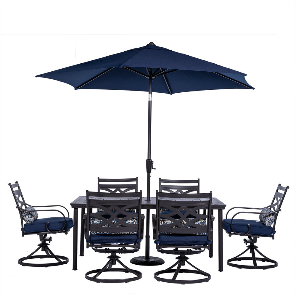 Hanover MCLRDN7PCSQSW6-SU-N Montclair7pc: 6 Swivel Rockers, 40x66" Dining Table, Umbrella & Base
