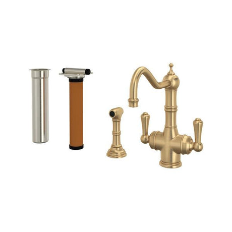 Edwardian™ Two Handle Filter Kitchen Faucet Kit With Side Spray Satin English Gold