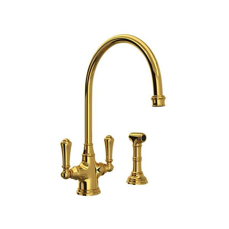 Georgian Era™ Two Handle Kitchen Faucet With Side Spray Unlacquered Brass