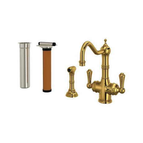 Edwardian™ Two Handle Filter Kitchen Faucet Kit With Side Spray Unlacquered Brass