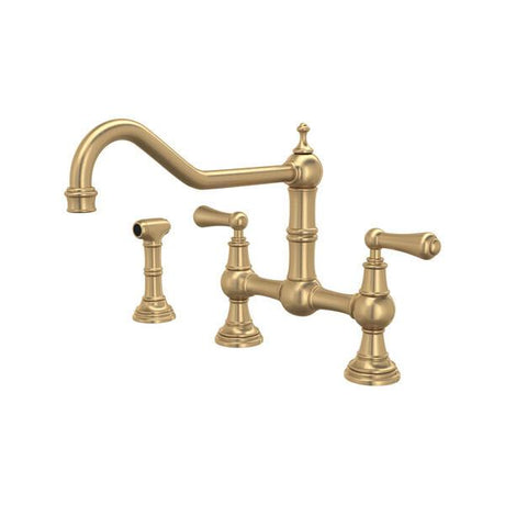 Edwardian™ Extended Spout Bridge Kitchen Faucet With Side Spray Satin English Gold