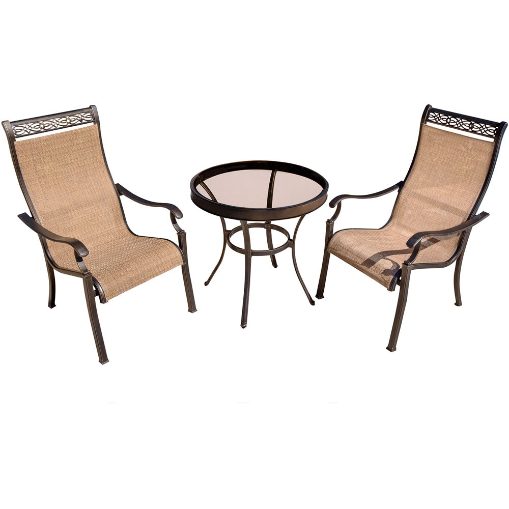 Hanover MONDN3PCG Monaco3pc: 2 Sling Dining Chairs, 30" Glass Top Table
