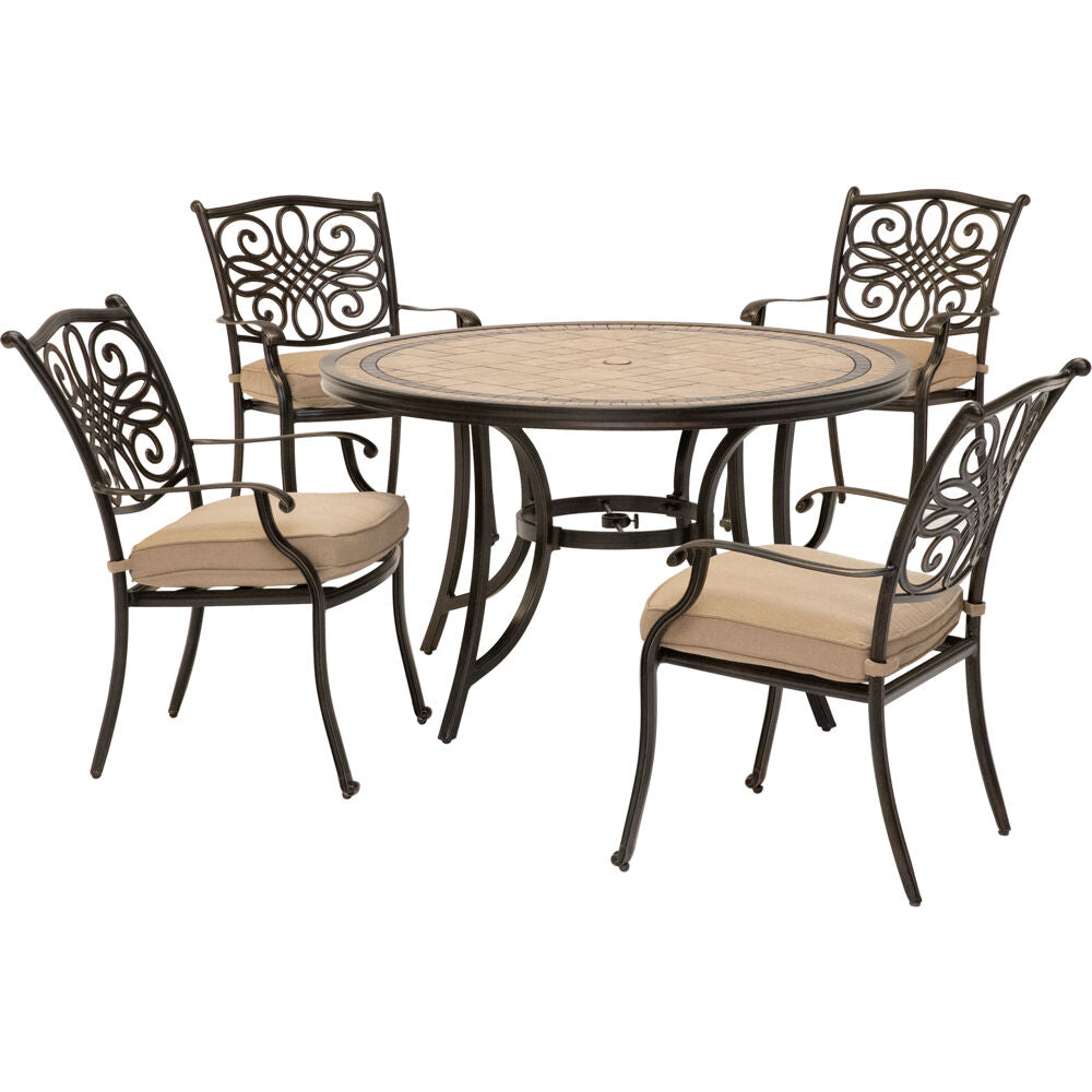 Hanover MONDN5PC Monaco5pc: 4 Cush Dining Chairs, 51" Round Tile Top Table