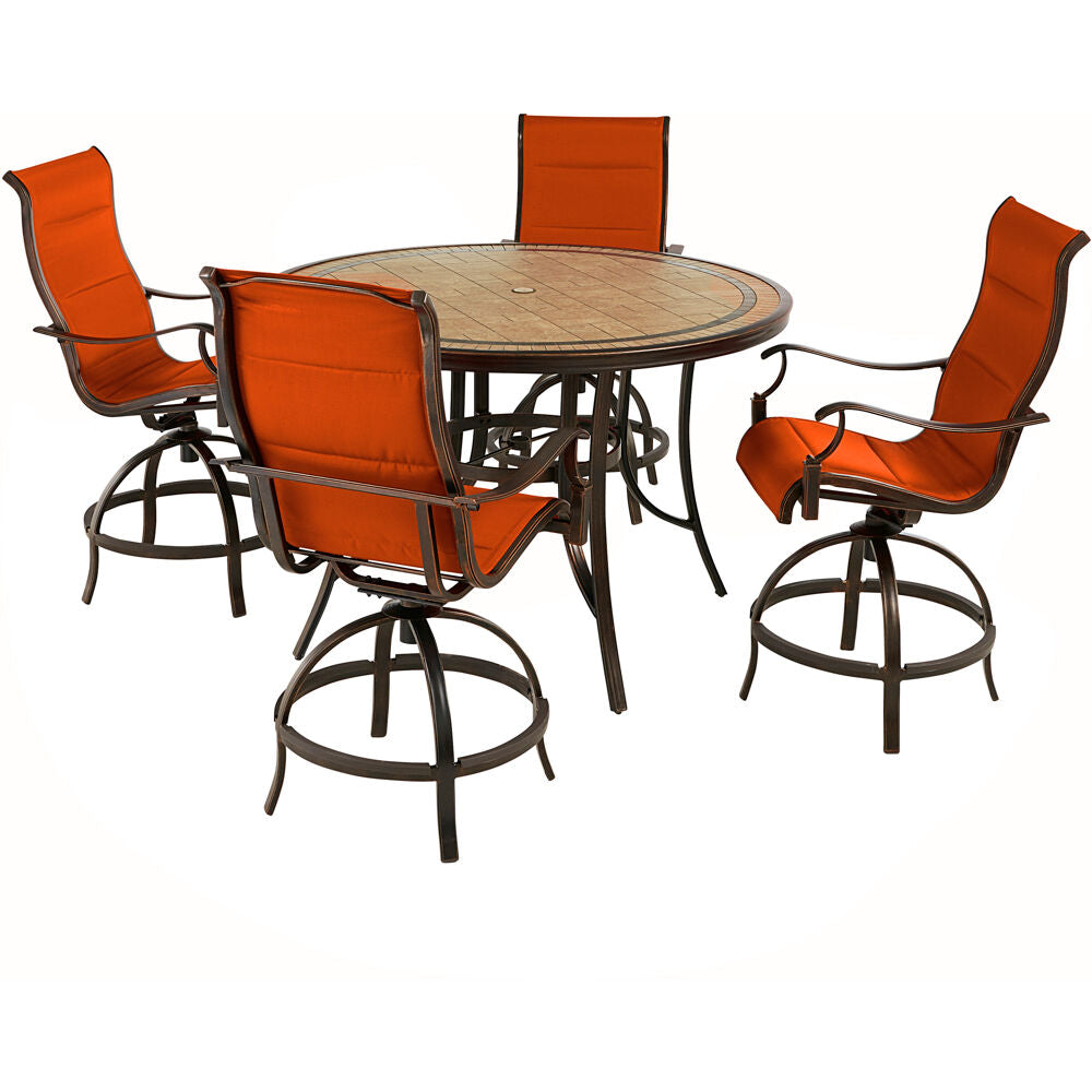 Hanover MONDN5PCPDBR-C-RED Monaco5pc: 4 Padded Swivel Counter Hght Chairs, 56" Round Tile Tbl