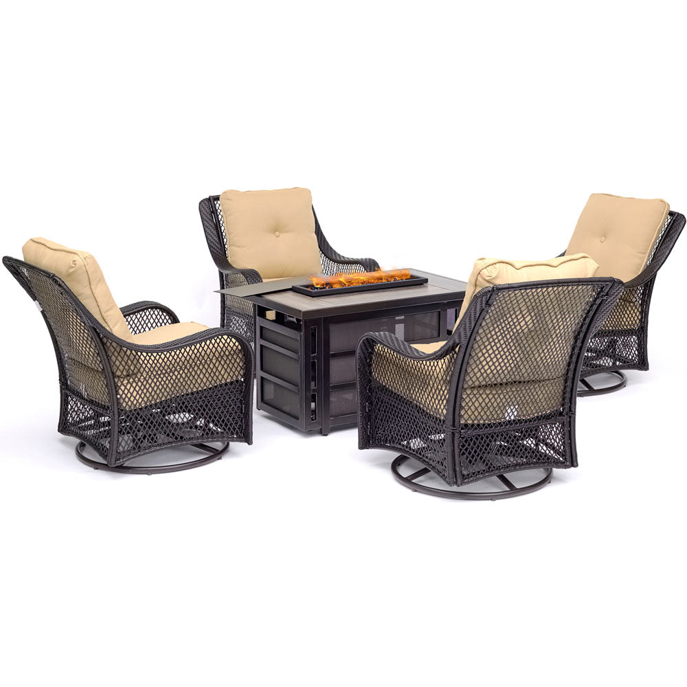 Hanover ORL5PCSW4RECFP-TAN Orleans5pc Fire Pit: 4 Swivel Gliders, Rectangle KD Fire Pit w/Tile