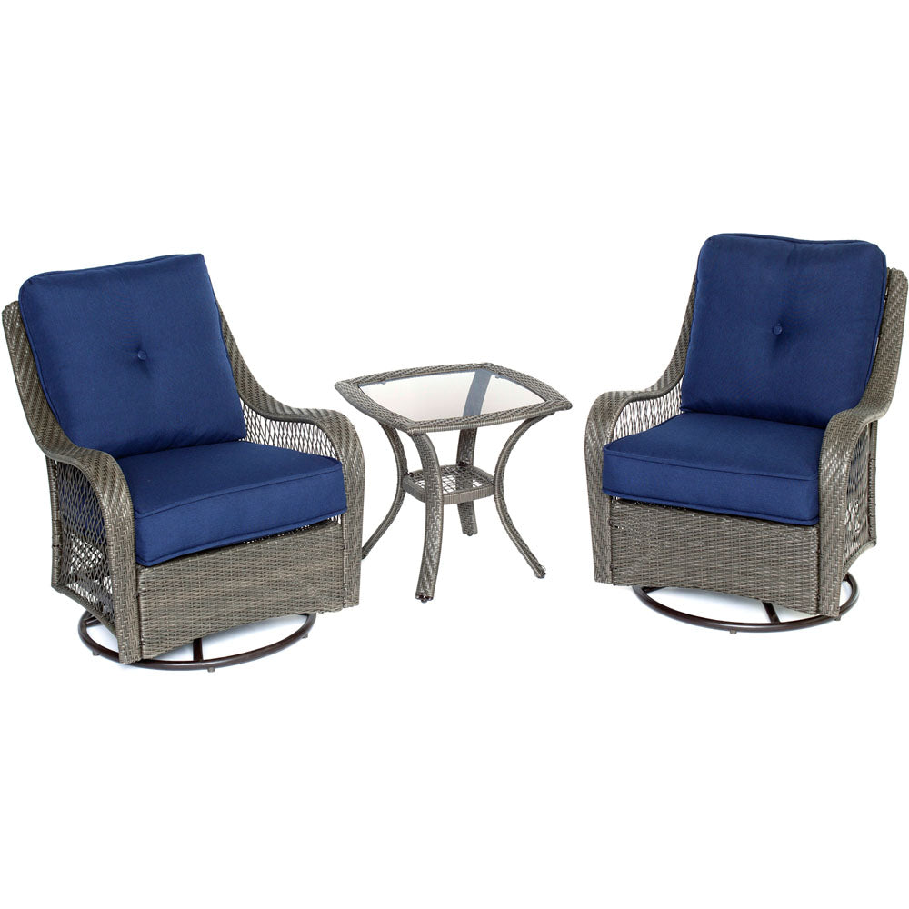Hanover ORLEANS3PCSW-G-NVY Orleans 3pc Seating Set: 2 Swivel Gliders, 1 Side Table