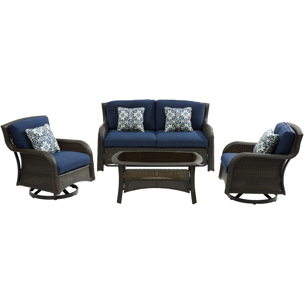 Hanover STRATH4PCSW-LS-NVY Strathmere4pc: Loveseat, 2 Swivel Gliders, Woven Coffee Table