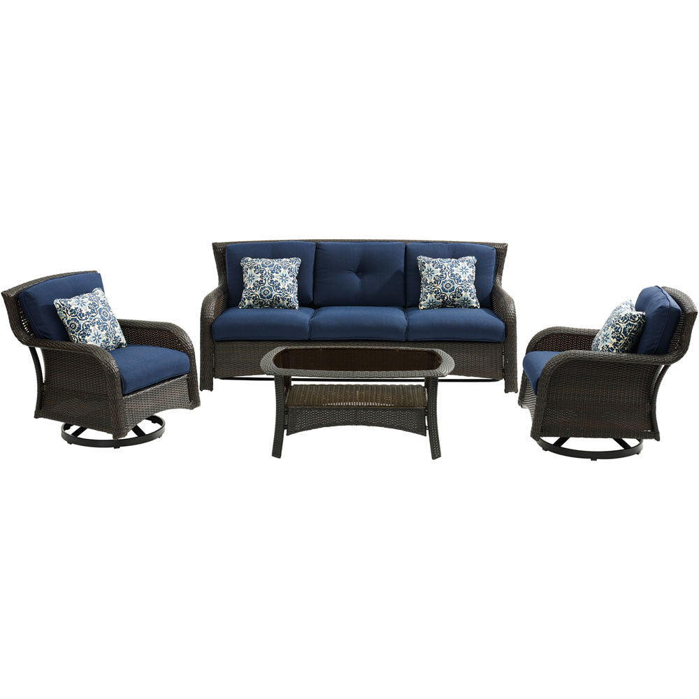 Hanover STRATH4PCSW-S-NVY Strathmere4pc: Sofa, 2 Swivel Gliders, Woven Coffee Table