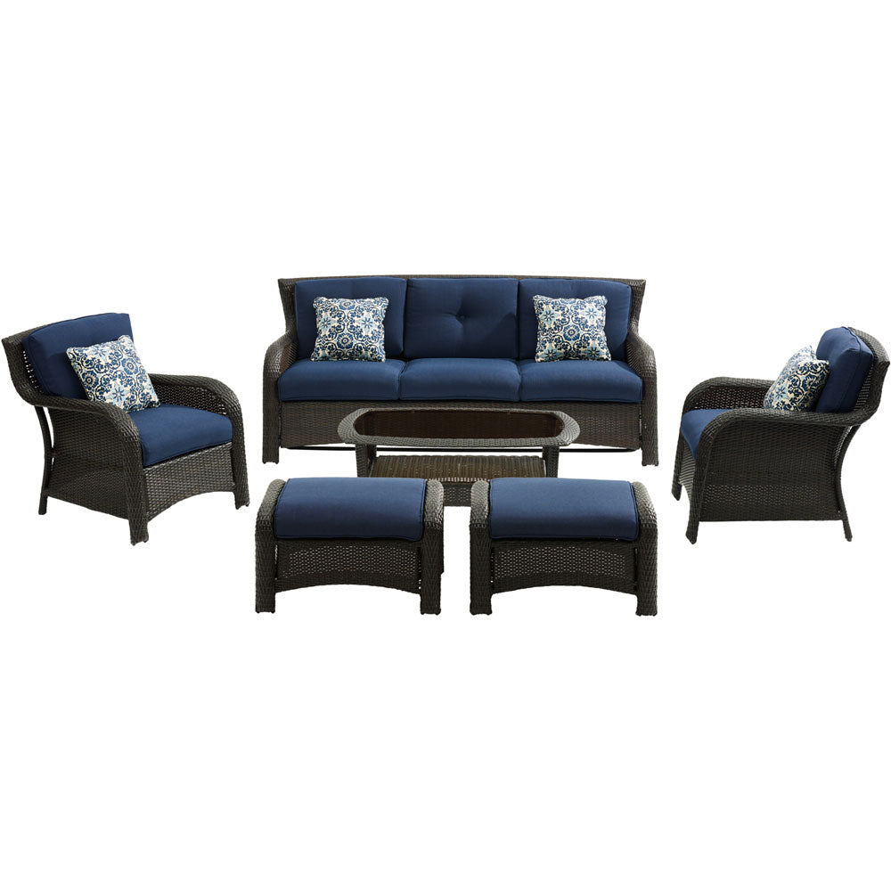 Hanover STRATH6PC-S-NVY Strathmere6pc: Sofa, 2 Side Chairs, 2 Ottomans, Woven Coffee Table