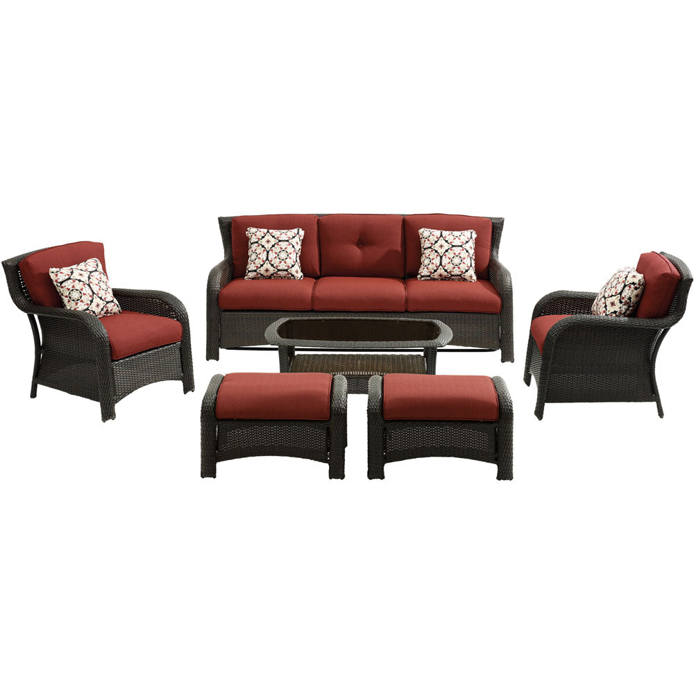 Hanover STRATH6PC-S-RED Strathmere6pc: Sofa, 2 Side Chairs, 2 Ottomans, Woven Coffee Table