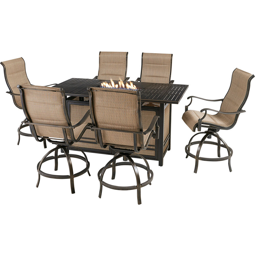 Hanover TRAD7PCPFPDBR-TAN Traditions7pc: 6 Padded Swivel Counter Hght Chairs, Slat Fire Pit Tbl
