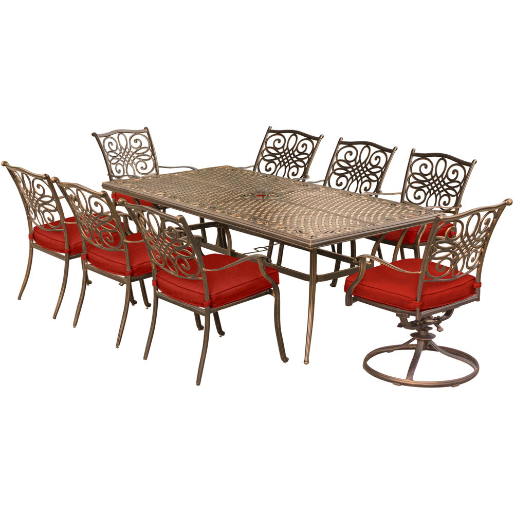Hanover TRAD9PCSW2-RED Traditions9pc: 6 Dining Chairs, 2 Swivel Rockers, 42x84" Cast Table