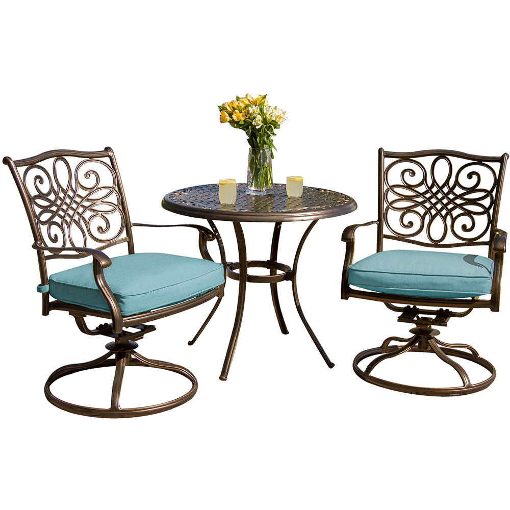 Hanover TRADDN3PCSW-BLU Traditions3pc: 2 Swivel Rockers, 32" Round Cast Table