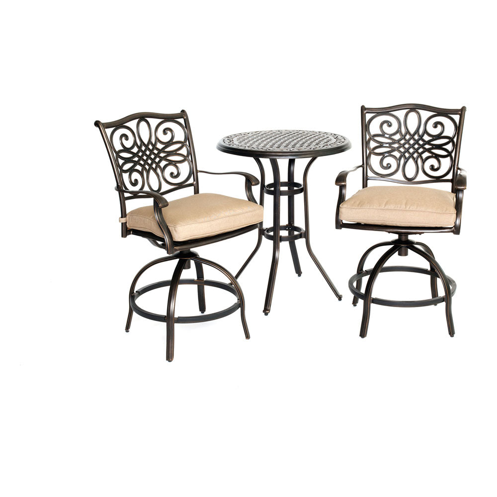 Hanover TRADDN3PCSW-BR Traditions3pc: 2 Counter Height Swivel Chairs, 30" Round Cast Tbl (36"H)
