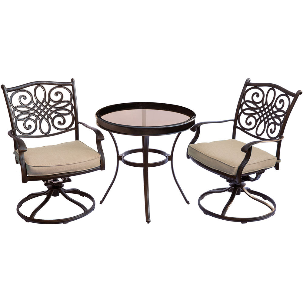 Hanover TRADDN3PCSWG Traditions3pc: 2 Swivel Rockers, 30" Round Glass Top Table