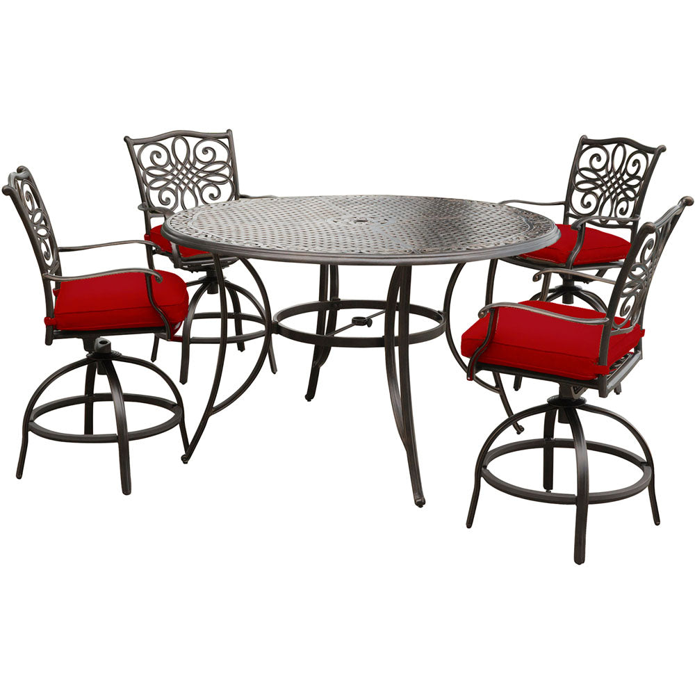 Hanover TRADDN5PCBR-RED Traditions5pc: 4 Counter Height Swivel Chairs, 56" Rnd Cast Table (36"H)