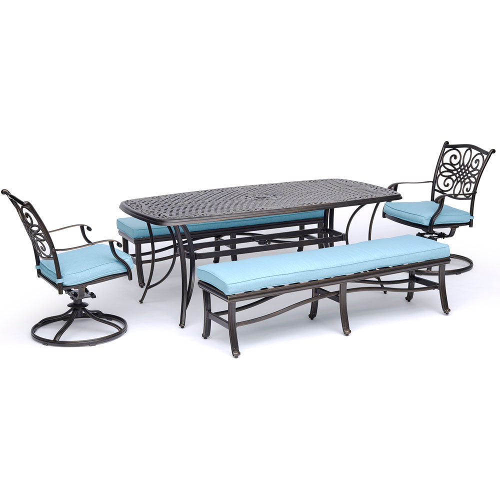 Hanover TRADDN5PCSW2BN-BLU Traditions5pc: 2 Swivel Rockers, 2 Backless Benches, 38x72" Cast Table