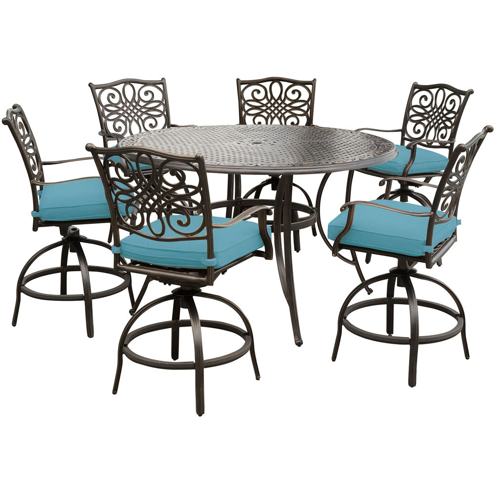 Hanover TRADDN7PCBR-BLU Traditions7pc: 6 Countr Hght Swivel Chairs, 56" Round Cast Tbl (36"H)