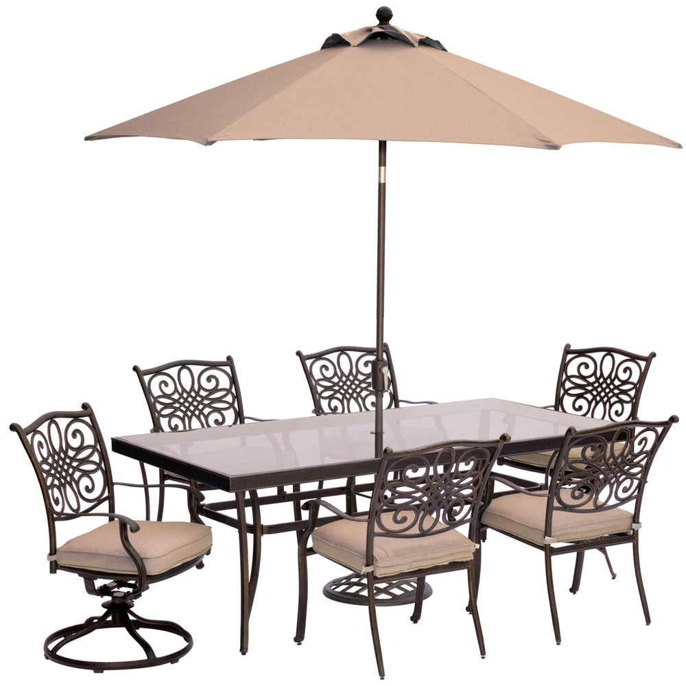 Hanover TRADDN7PCSW2G-SU Traditions7pc: 4 Dining Chairs, 2 Swvl Rockers, 42x84" Gls Tbl, Umb,Base