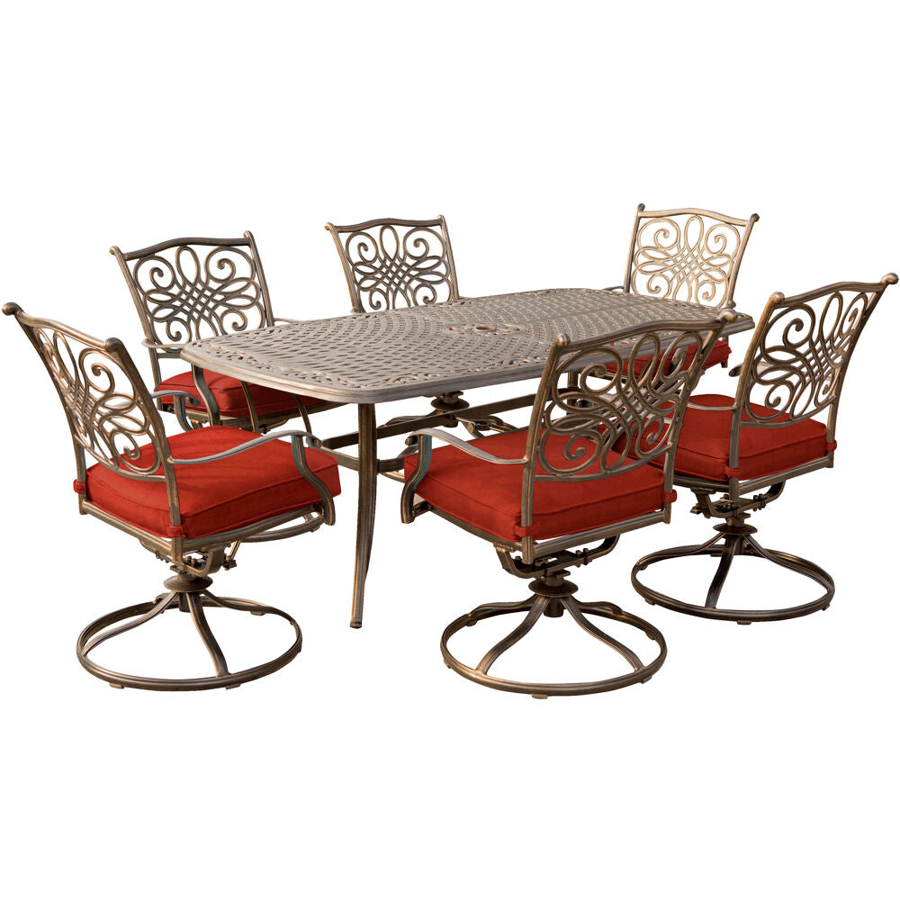 Hanover TRADDN7PCSW6-RED Traditions7pc: 6 Swivel Rockers, 38x72" Cast Table