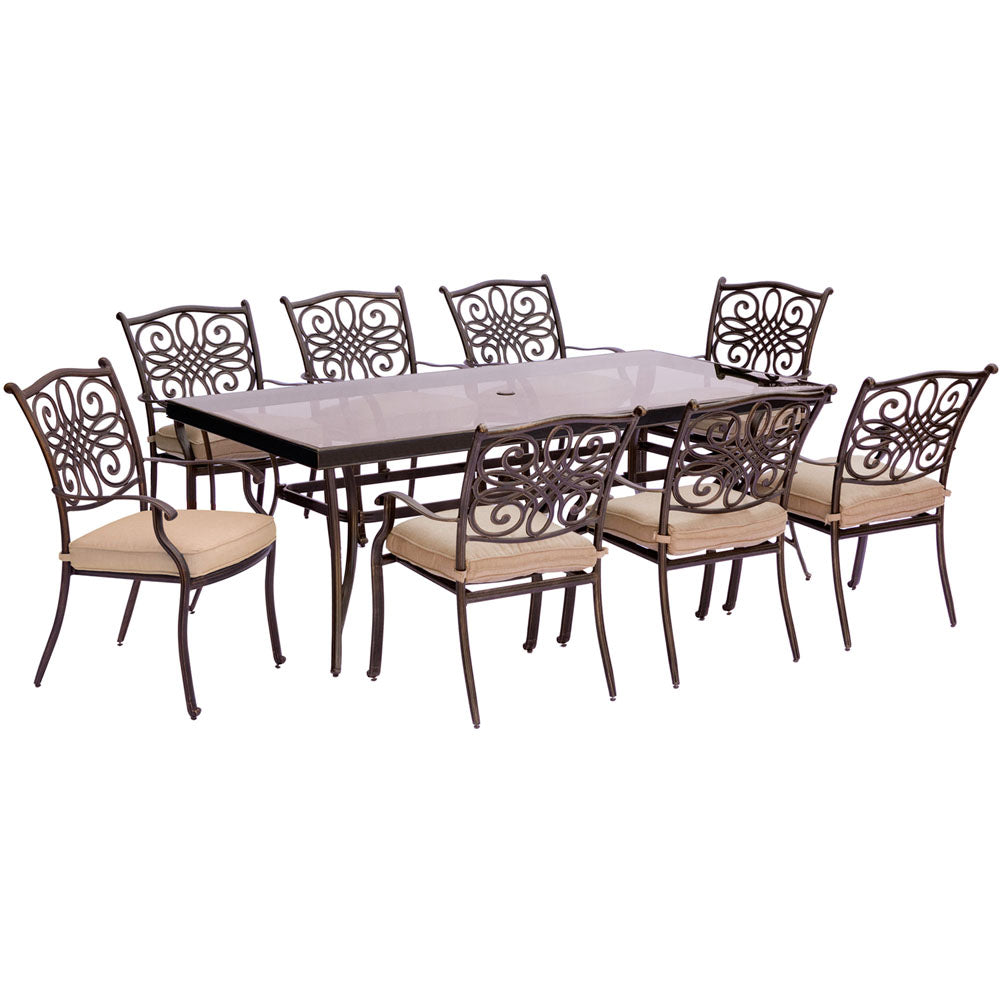 Hanover TRADDN9PCG Traditions9pc: 8 Dining Chairs, 42x84" Glass Top Table