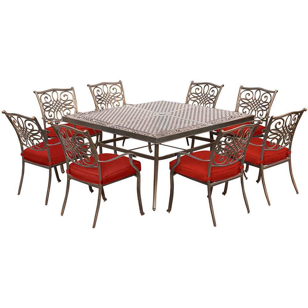 Hanover TRADDN9PCSQ-RED Traditions9pc: 8 Dining Chairs, 60" Square Cast Table