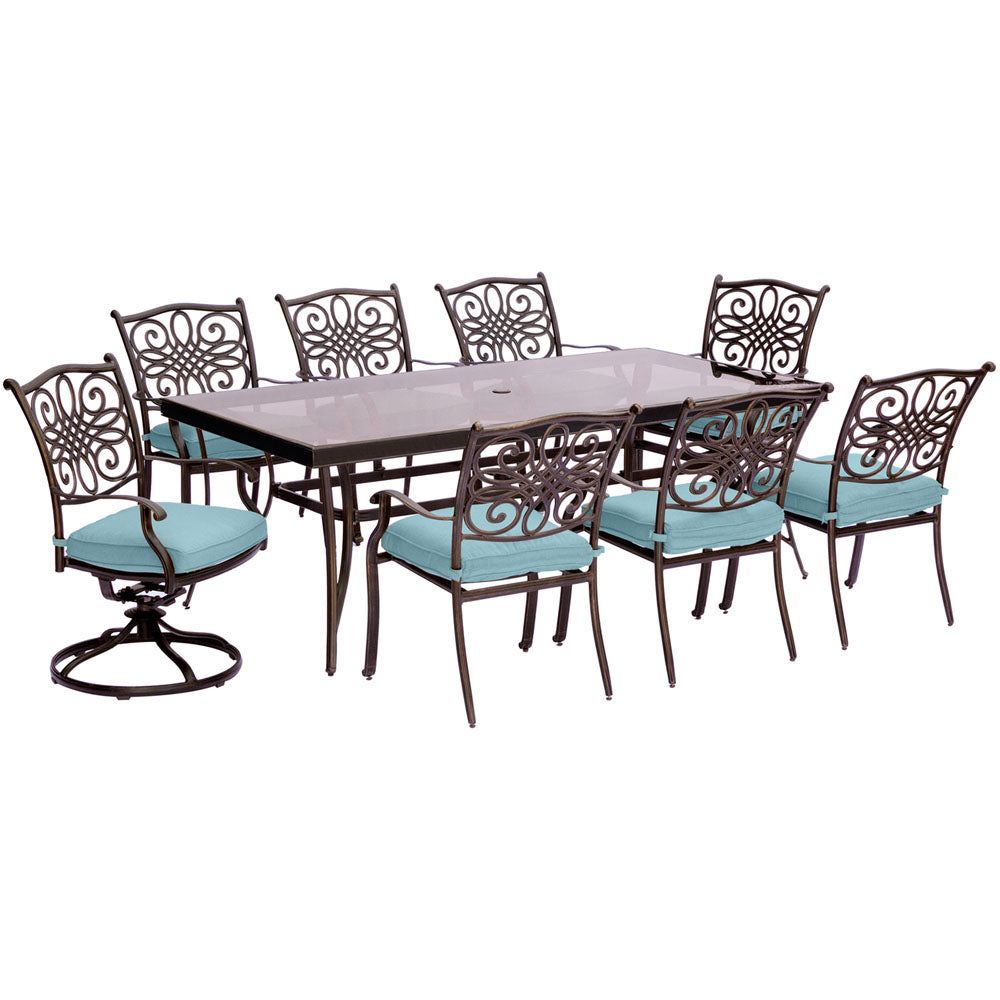 Hanover TRADDN9PCSW2G-BLU Traditions9pc: 6 Dining Chairs, 2 Swivel Rockers, 42x84" Glass Top Table