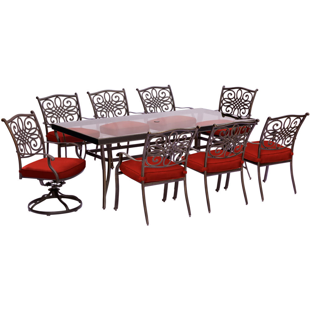 Hanover TRADDN9PCSW2G-RED Traditions9pc: 6 Dining Chairs, 2 Swivel Rockers, 42x84" Glass Top Table