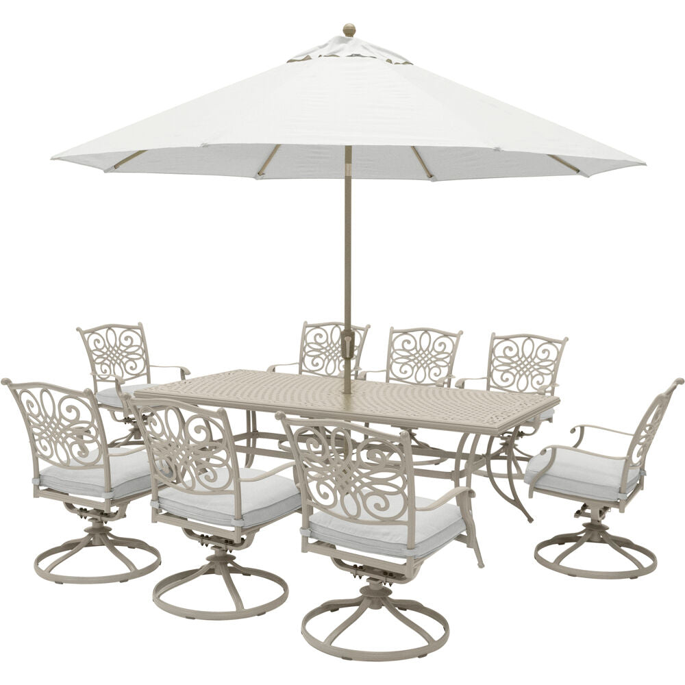 Hanover TRADDNSD9PCSW8-BE-SU Traditions9pc: 8 Swivel Rockers, 42x84" Cast Table, Umbrella, Base