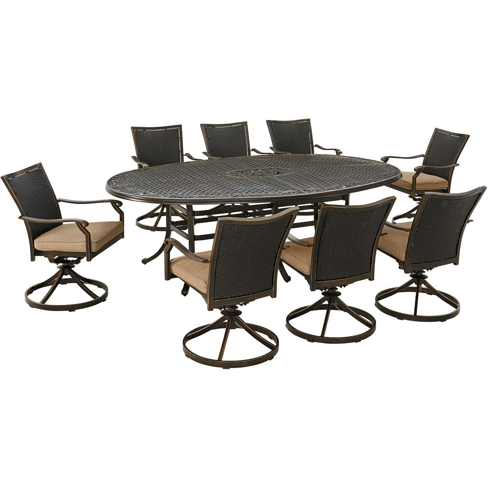 Hanover TRADDNWB9PCOVSW8-TAN Traditions9pc: 8 Wicker Back Swivel Rockers, 96"x60" Oval Cast Table