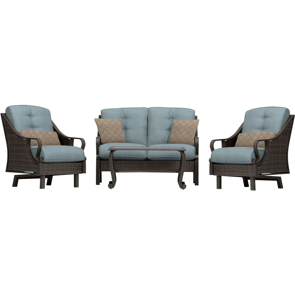 Hanover VENTURA4PC-BLU Ventura 4pc Seating Set: Sofa, 2 glide chairs, ceramic tile coffee table
