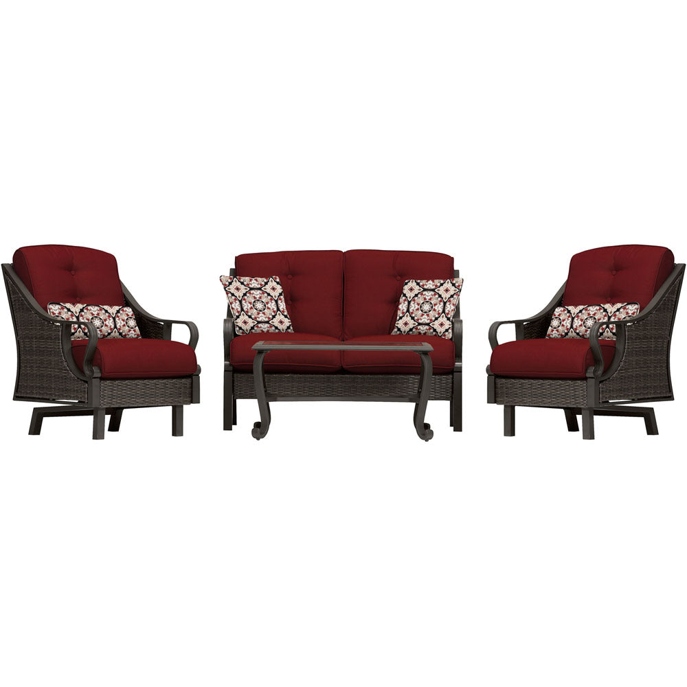 Hanover VENTURA4PC-RED Ventura 4pc Seating Set: Sofa, 2 glide chairs, ceramic tile coffee table