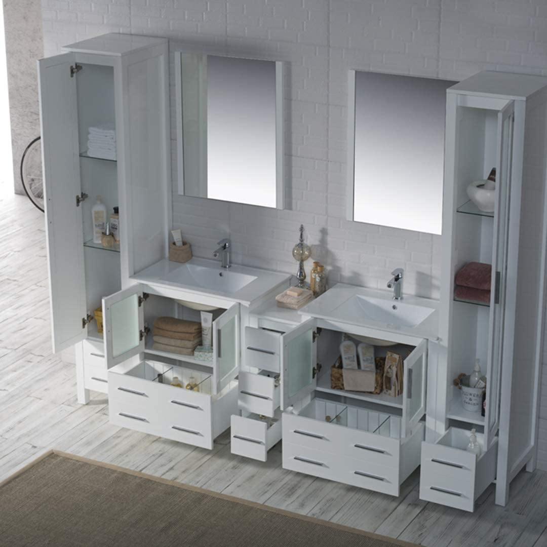 Sydney 102" Double Vanity, Ceramic Vessel Sink, Mirror, Linen Cabinet