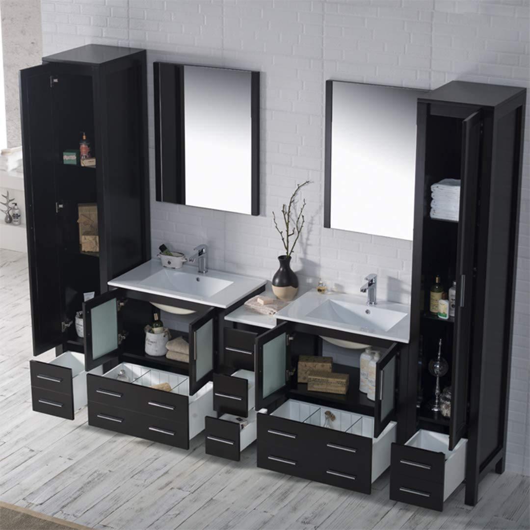 Sydney 102" Double Vanity, Ceramic Vessel Sink, Mirror, Linen Cabinet