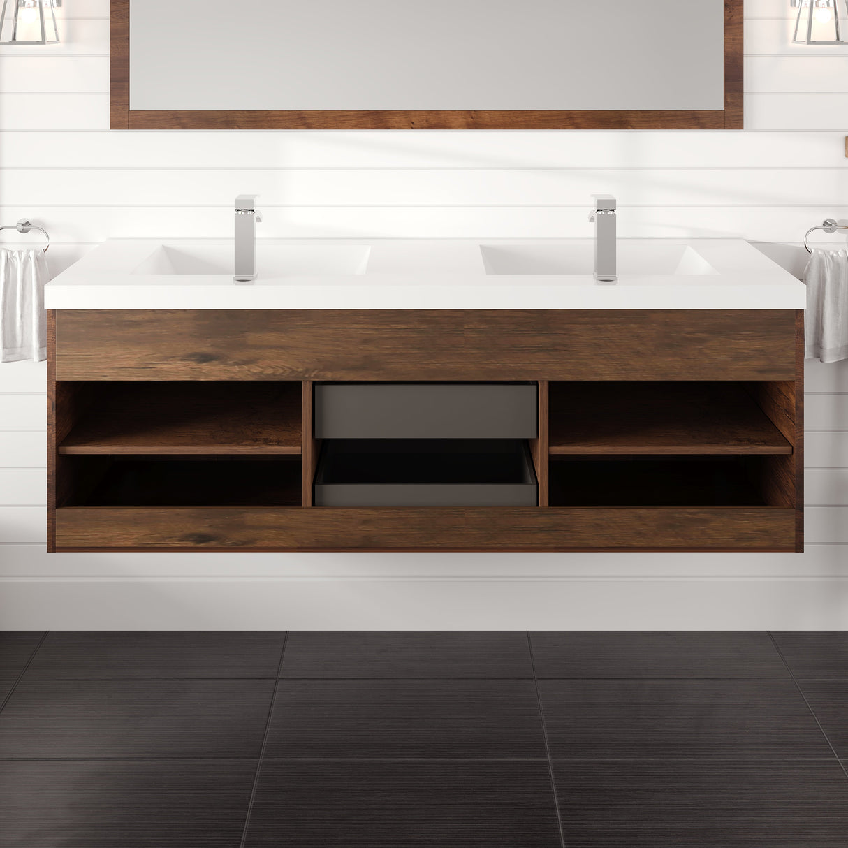 Lugano 60 in. Rosewood Wall Mount Double Sink  Bath Vanity with Acrylic Top and Integrated Sinks