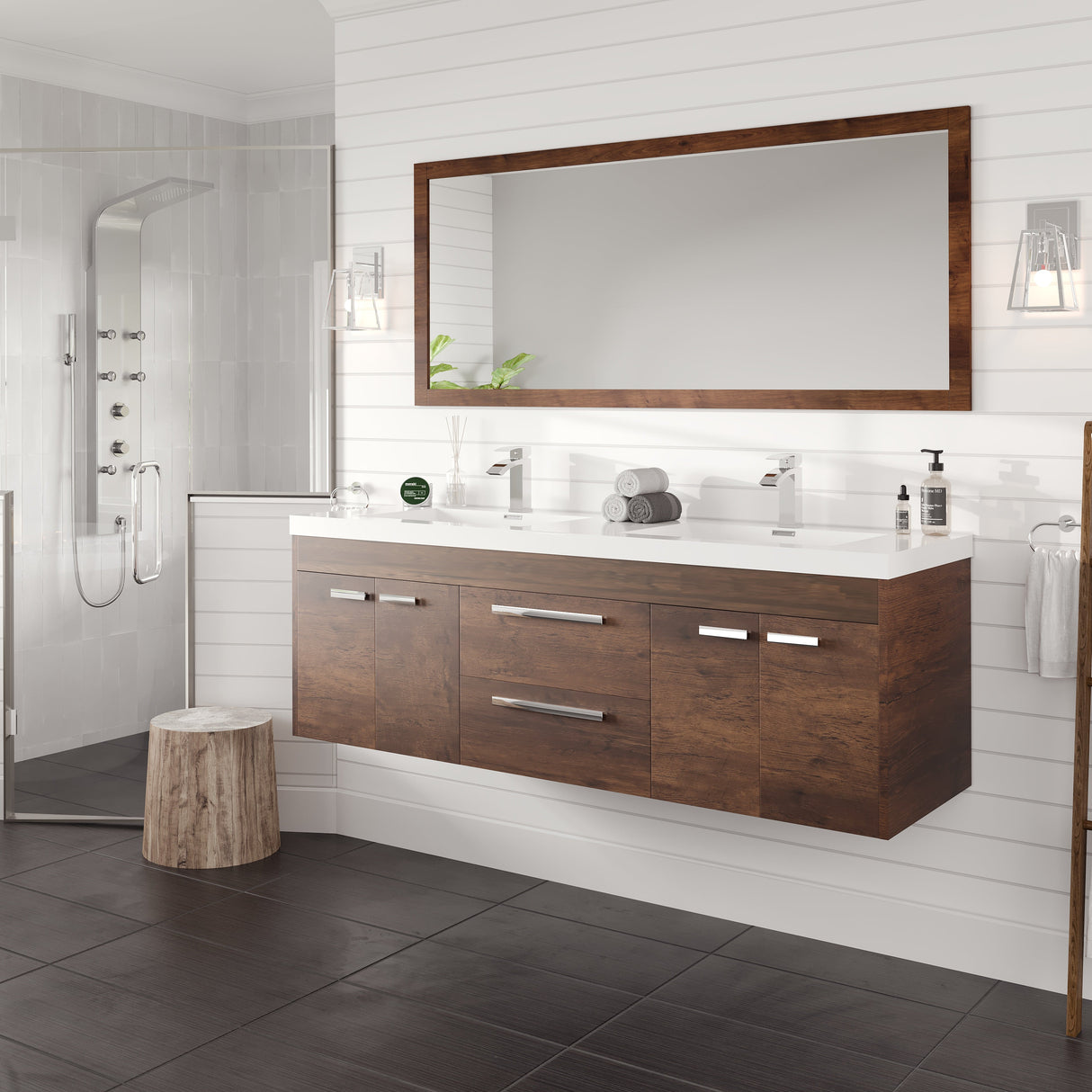 Lugano 60 in. Rosewood Wall Mount Double Sink  Bath Vanity with Acrylic Top and Integrated Sinks