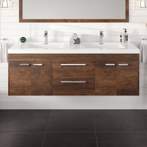 Lugano 60 in. Rosewood Wall Mount Double Sink  Bath Vanity with Acrylic Top and Integrated Sinks