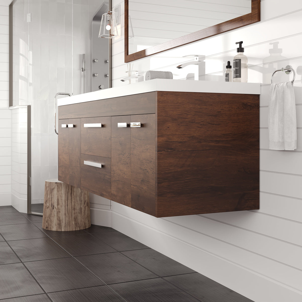 Lugano 60 in. Rosewood Wall Mount Double Sink  Bath Vanity with Acrylic Top and Integrated Sinks