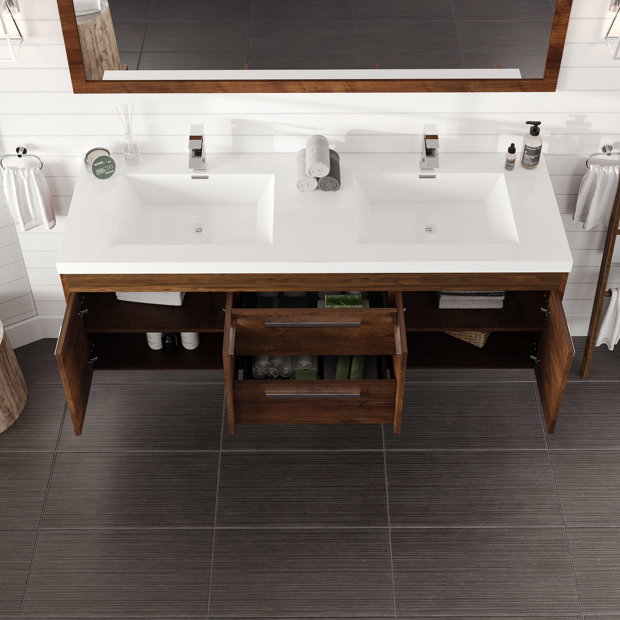 Lugano 60 in. Rosewood Wall Mount Double Sink  Bath Vanity with Acrylic Top and Integrated Sinks