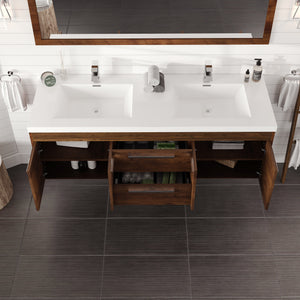 Lugano 60 in. Rosewood Wall Mount Double Sink  Bath Vanity with Acrylic Top and Integrated Sinks