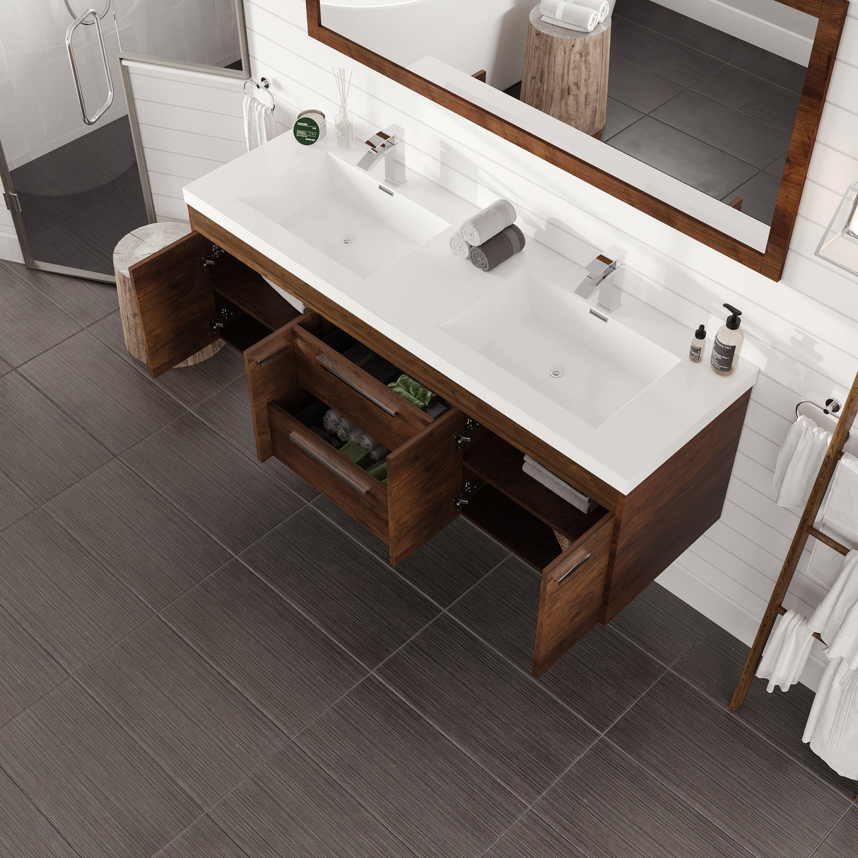Lugano 60 in. Rosewood Wall Mount Double Sink  Bath Vanity with Acrylic Top and Integrated Sinks
