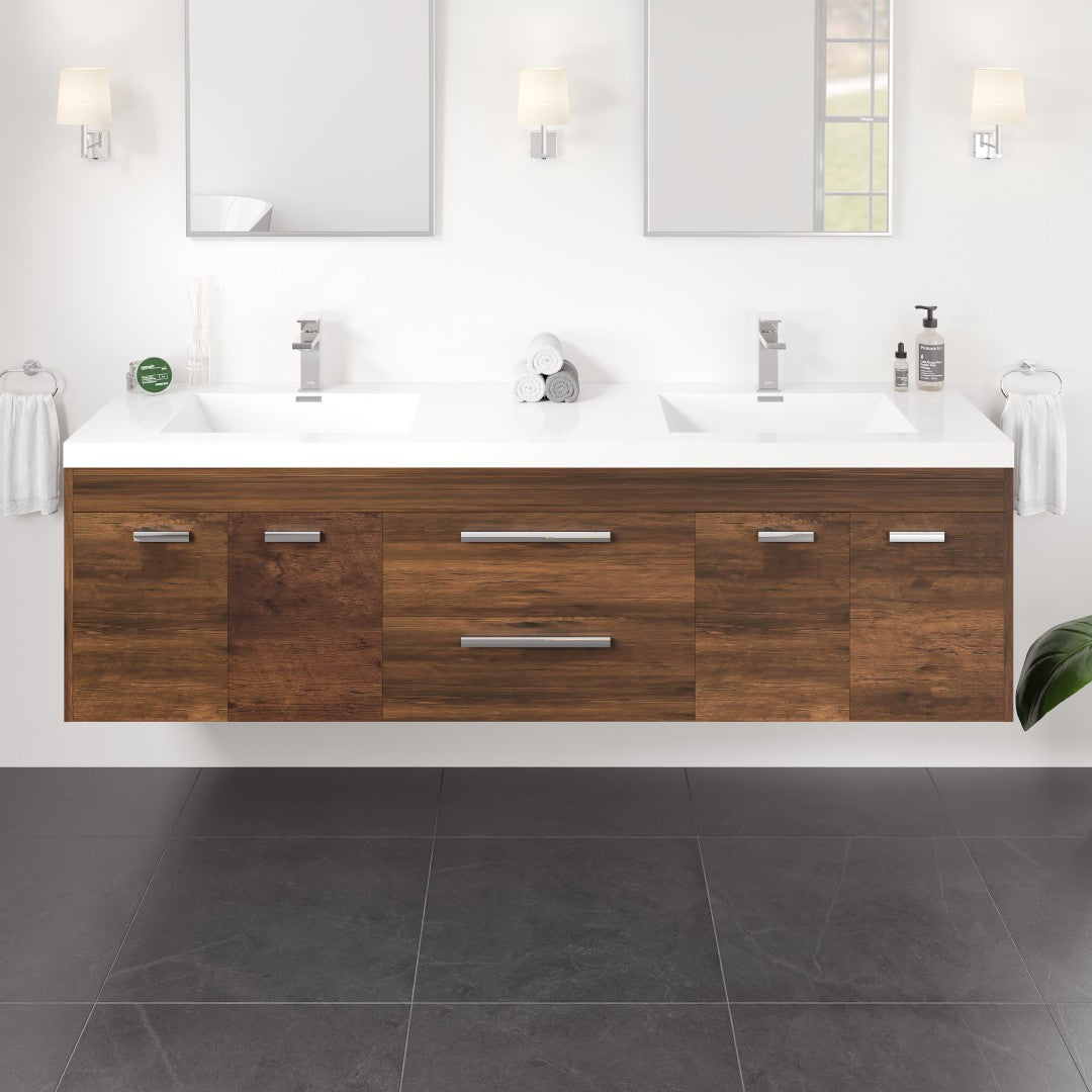 Lugano 72 in. Rosewood Wall Mount Double Sink  Bath Vanity with Acrylic Top and Integrated Sinks