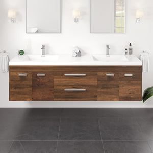 Lugano 72 in. Rosewood Wall Mount Double Sink  Bath Vanity with Acrylic Top and Integrated Sinks