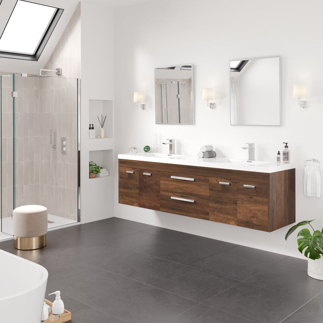 Lugano 72 in. Rosewood Wall Mount Double Sink  Bath Vanity with Acrylic Top and Integrated Sinks