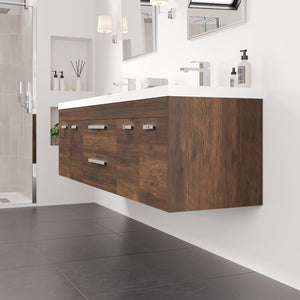 Lugano 72 in. Rosewood Wall Mount Double Sink  Bath Vanity with Acrylic Top and Integrated Sinks