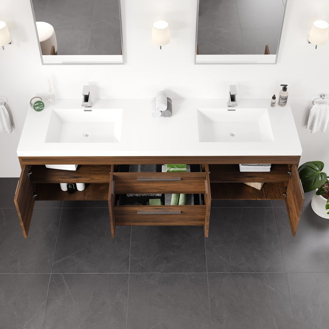 Lugano 72 in. Rosewood Wall Mount Double Sink  Bath Vanity with Acrylic Top and Integrated Sinks