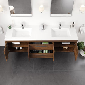 Lugano 72 in. Rosewood Wall Mount Double Sink  Bath Vanity with Acrylic Top and Integrated Sinks