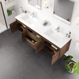 Lugano 72 in. Rosewood Wall Mount Double Sink  Bath Vanity with Acrylic Top and Integrated Sinks
